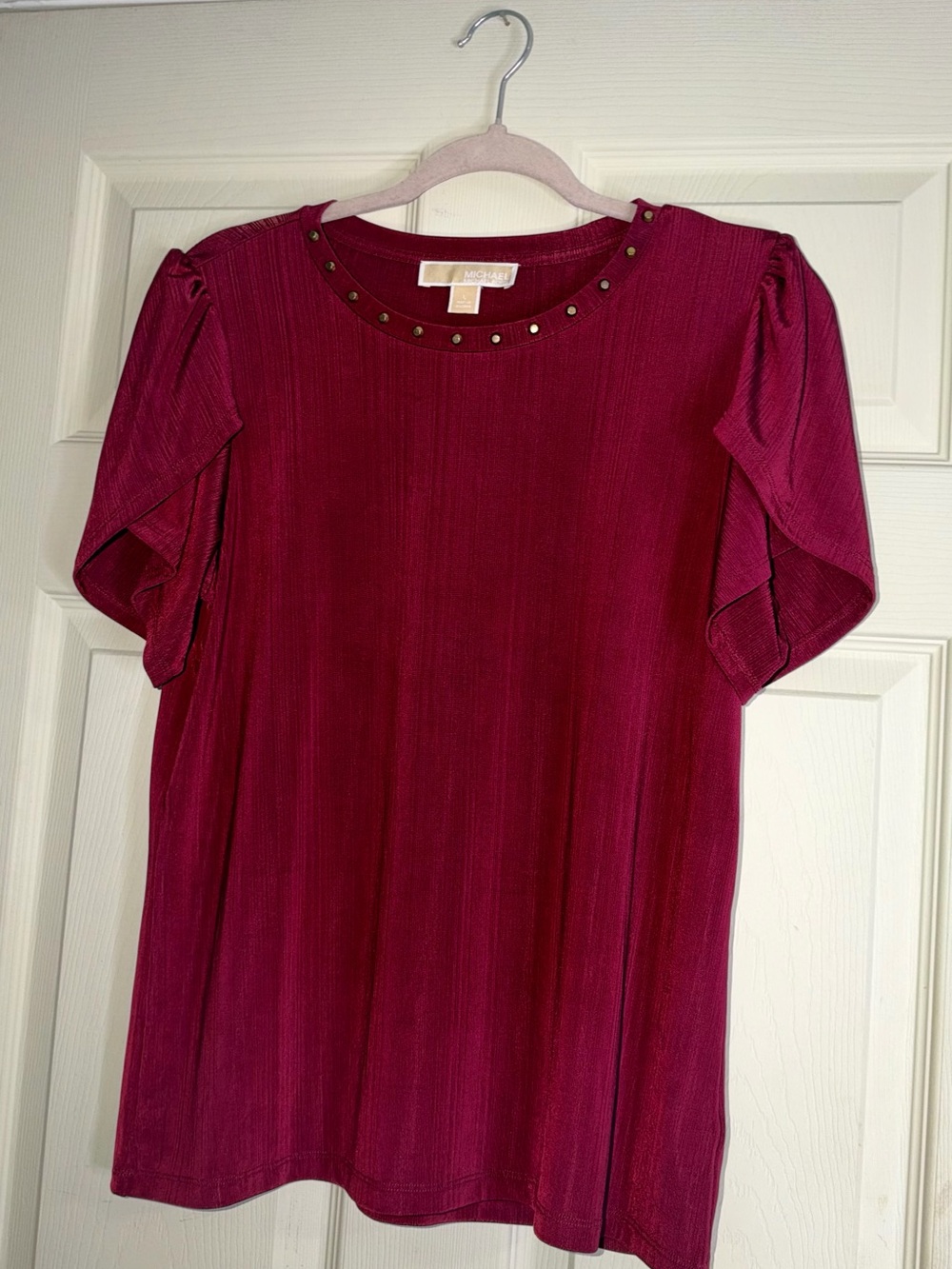 Michael Kors Burgundy Short Sleeve Top with Studded Neckline